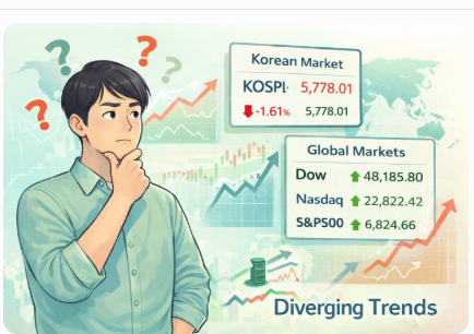 코스피는 밀리고 뉴욕은 올랐다 — 지금 시장에서 먼저 봐야 할 것은 방향이 아니라 ‘엇갈림의 구조’다