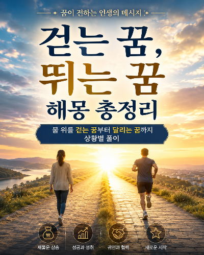 걷는 꿈과 뛰는 꿈 해몽을 소개하는 썸네일 이미지. 노을이 지는 바닷길을 한 사람이 걸어가는 모습이 배경이며, 중앙에는 '당신의 꿈은 어떤 의미였나요?'라는 문구가 크게 배치되어 있다. 걷는 꿈, 뛰는 꿈, 물 위를 걷는 꿈, 맨발로 걷는 꿈, 함께 걷거나 달리는 꿈의 대표적인 의미를 아이콘과 함께 정리하고 있으며, 꿈은 현재의 삶과 방향을 비추는 메시지라는 내용을 담고 있다. 댓글로 꿈을 공유하면 상황별 꿈해몽을 알려준다는 안내가 포함된 꿈해몽 콘텐츠 이미지.