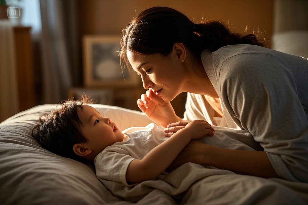 아침 햇살 속 아이를 깨우는 엄마의 따뜻한 모습