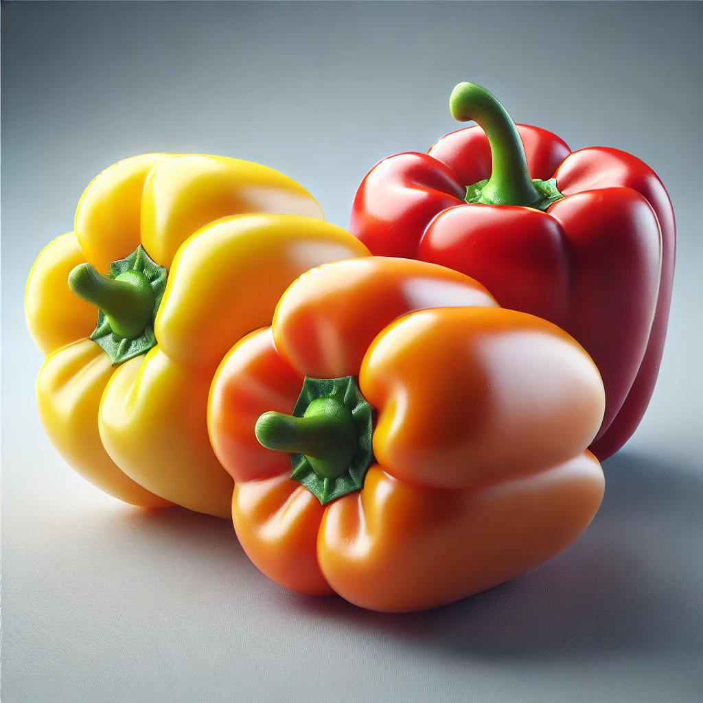 이미지에는 노란색, 주황색, 빨간색 파프리카가 보기 좋게 배열되어 있습니다.