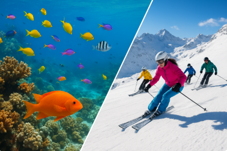 바다 속 체험과 스키 체험 관련 이미지