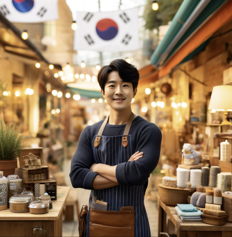 작은 가게 앞에서 당당히 서 있는 소상공인
