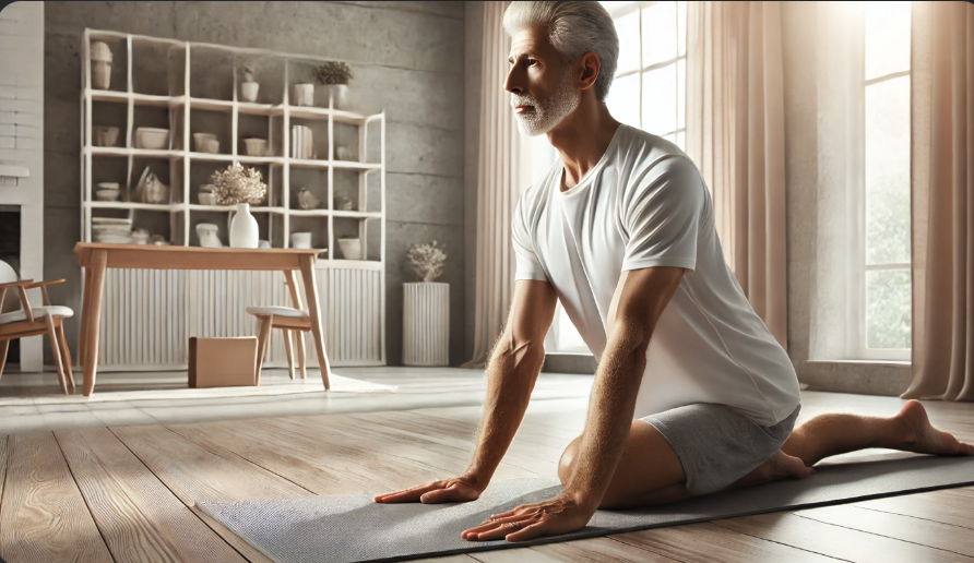 50대 남성이 집에서 요가를 하는 모습, 자연광이 가득한 방에서 평화롭게 요가하는 모습