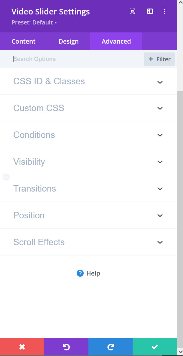 워드프레스 Divi 테마의 동영상 슬라이더 - 고급 탭
