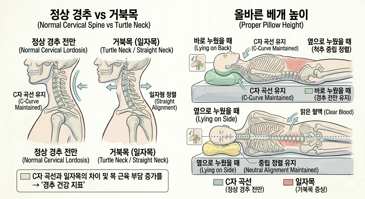 - 정상 경추 vs 거북목: 왼쪽의 인체 몸통도를 보시면, 경추 단면도를 통해 정상적인 C자 곡선(그린)과 거북목 상태(레드)를 명확하게 비교했습니다. 거북목 상태는 경추가 일자형으로 곧게 뻗어 있으며, 목 근육에 부담이 증가하는 것을 확인할 수 있습니다.
- 올바른 베개 높이: 오른쪽의 전신 측면도를 보시면, 바로 누웠을 때와 옆으로 누웠을 때 목의 정렬을 유지하는 '올바른 베개 높이'의 기준을 직관적으로 확인할 수 있습니다. 바로 누웠을 때는 C자 곡선을 지지하는 적절한 높이( 블루 라인)가 중요하며, 옆으로 누웠을 때는 척추와 일직선( 블루 라인)이 되도록 받쳐주는 높이가 중요합니다.