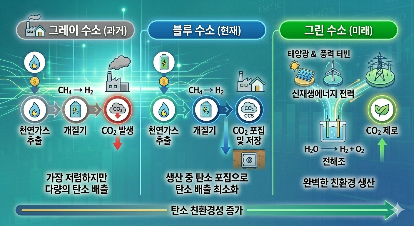 그레이, 블루, 그린 수소의 색깔별 분류와 생산 원리 비교 인포그래픽