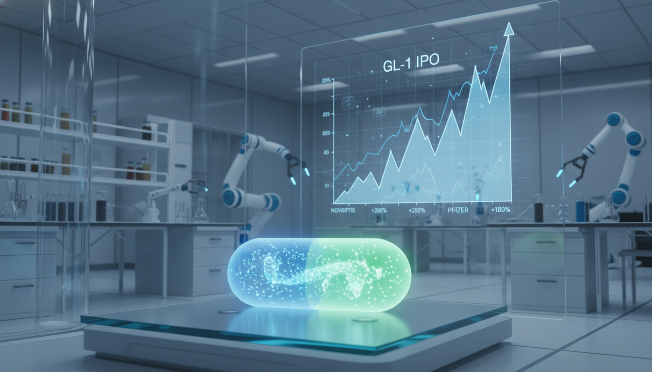삼천당제약의 혁신적인 경구용 비만치료제 알약과 급등하는 2026년 주식 차트가 배경에 있는 일러스트