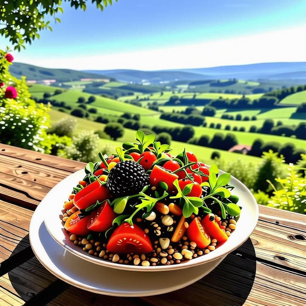 유기농 재료로 만든 요리와 자연 풍경