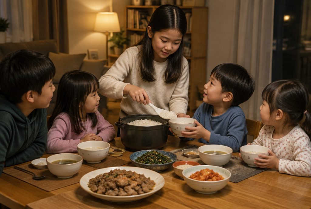 엄마를 기다리며 저녁을 먹는 다섯 아이, 가족 간병 기간의 집