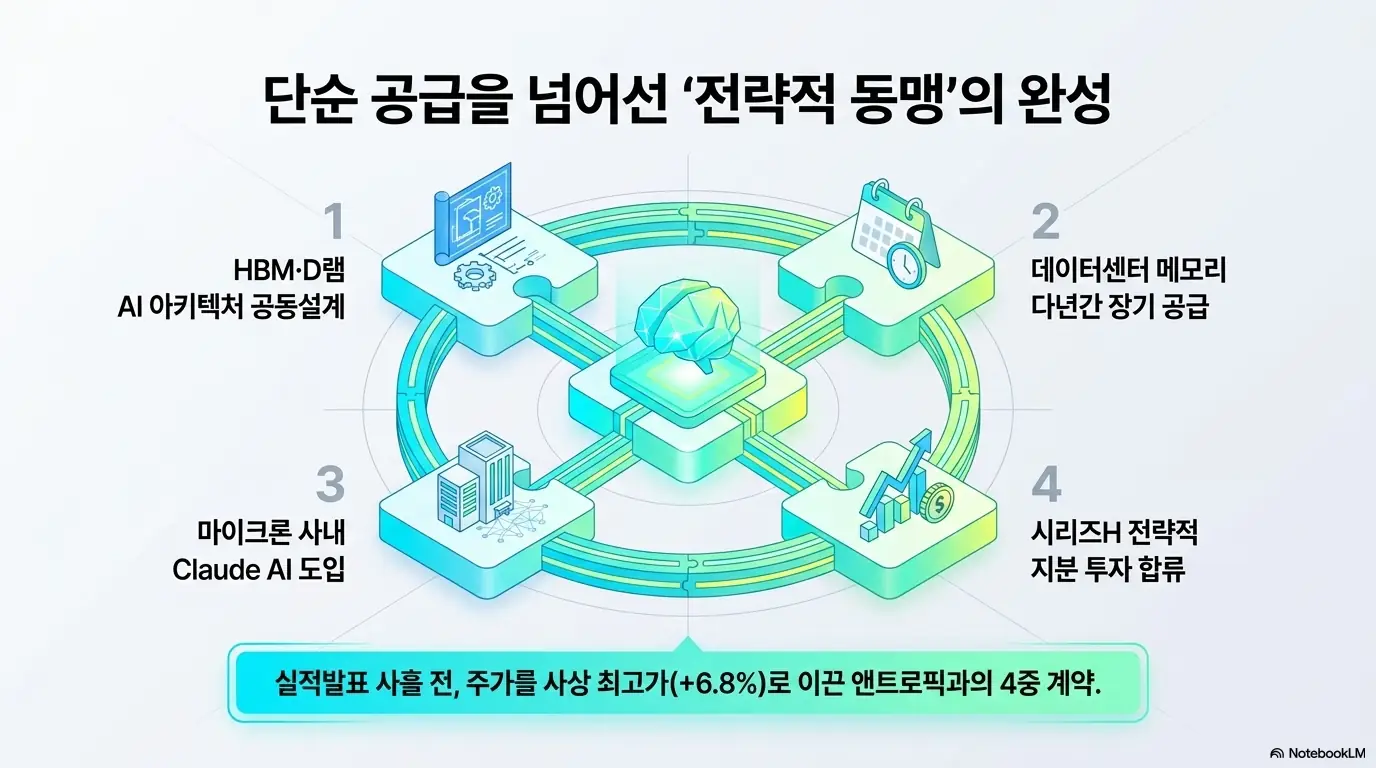 마이크론 실적 발표 결과: &amp;#39;단순 공급을 넘어선 전략적 동맹의 완성&amp;#39;이라는 문구와 4중 계약 구조 일러스트가 담긴 이미지. 이 이미지는 마이크론 앤트로픽 계약이 공동설계&middot;장기공급&middot;사내 Claude 도입&middot;시리즈H 투자 네 갈래로 묶인 구조임을 시각적으로 전달하며&amp;#44; 블로그의 마이크론 앤트로픽 계약과 관련된 내용을 설명함