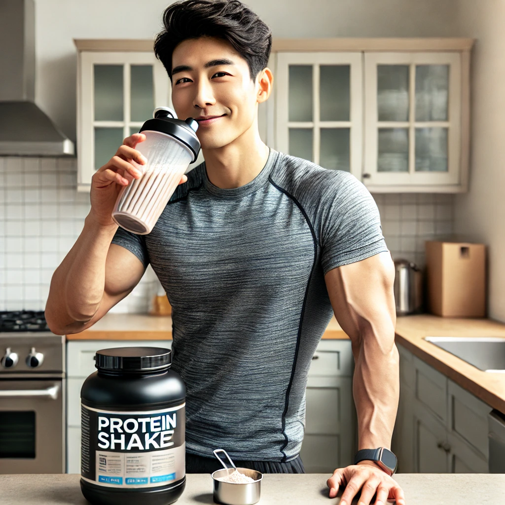 단백질 셰이크를 마시는 모습 또는 단백질 보충제 제품 이미지