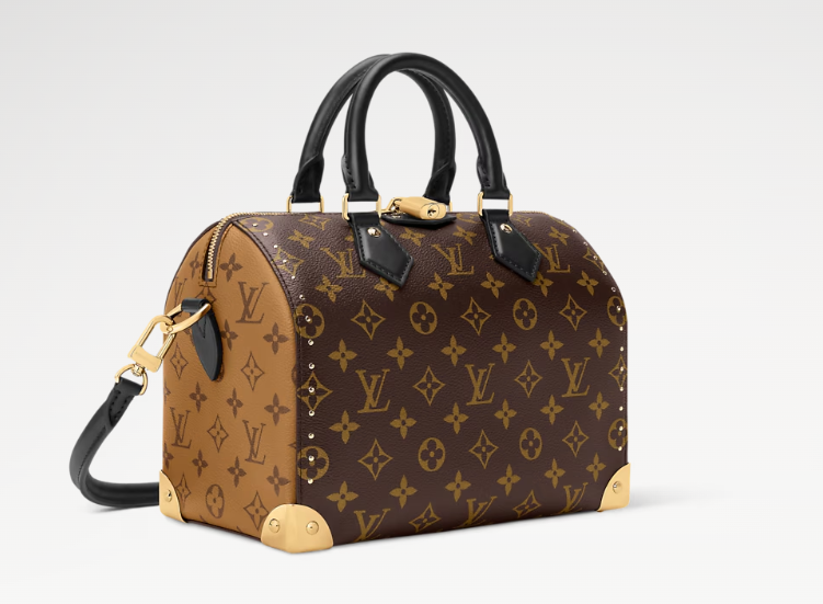 루이비통 스피디 트렁크 25 측면 디자인&amp;#44; 빈티지 감성 카프스킨과 블랙 손잡이 디테일