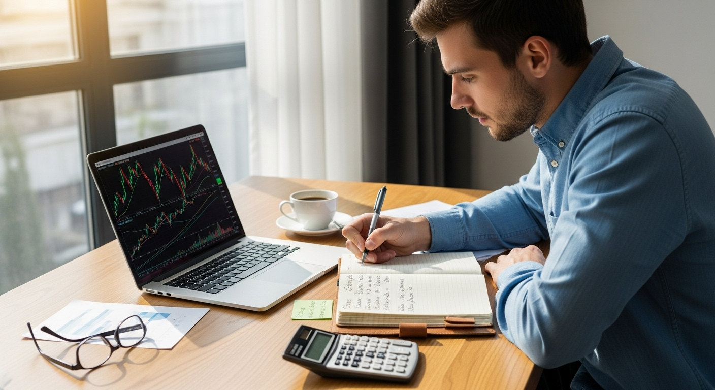 노트북과 계산기를 이용해 투자 수익률 목표를 설정하는 투자자의 모습