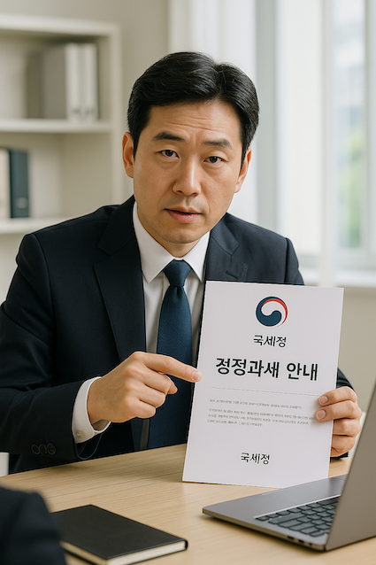 세무사가 '경정과세 안내' 문서를 설명하는 장면