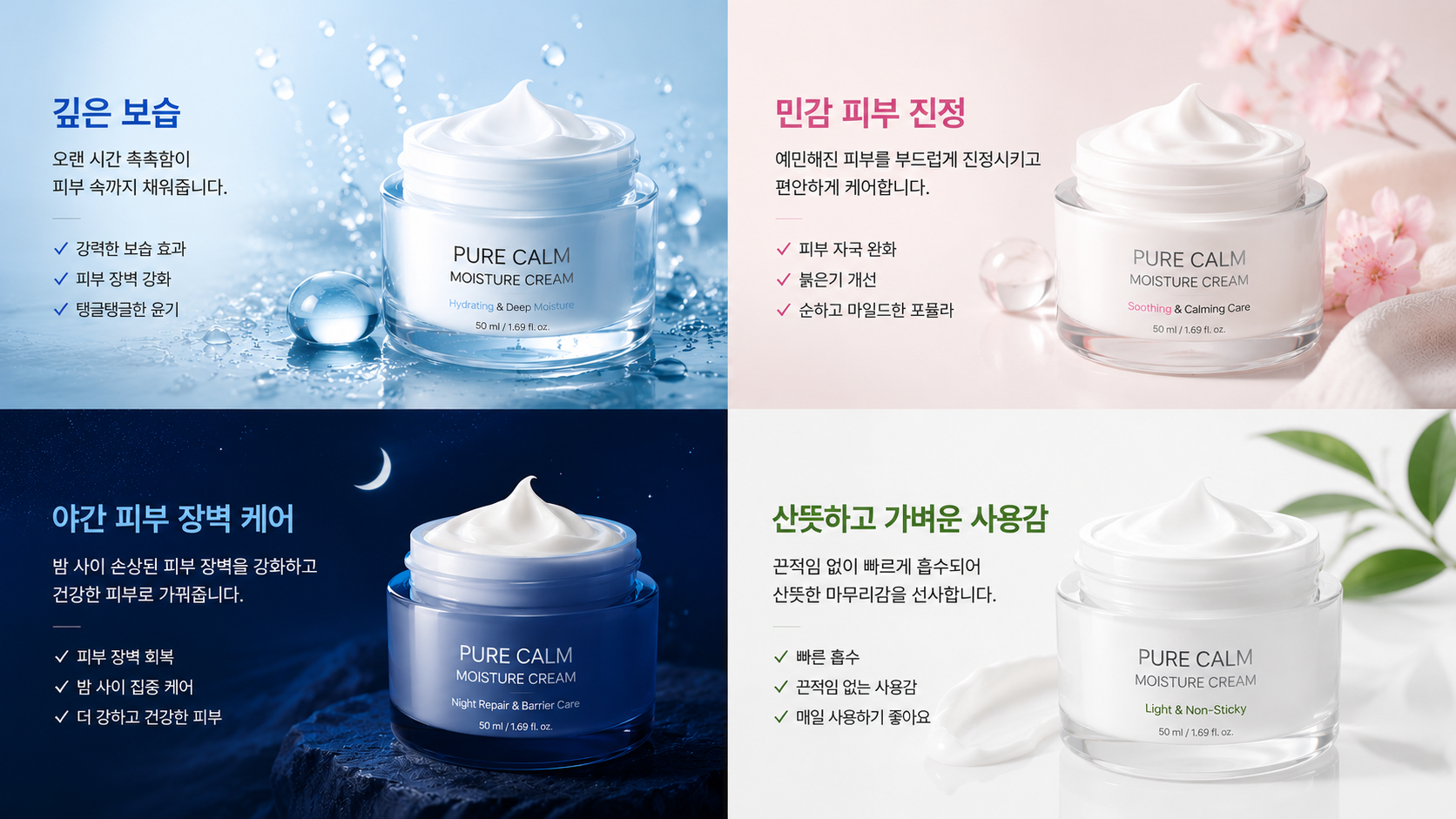 동일한 스킨케어 제품을 서로 다른 판매 콘셉트로 표현한 예시