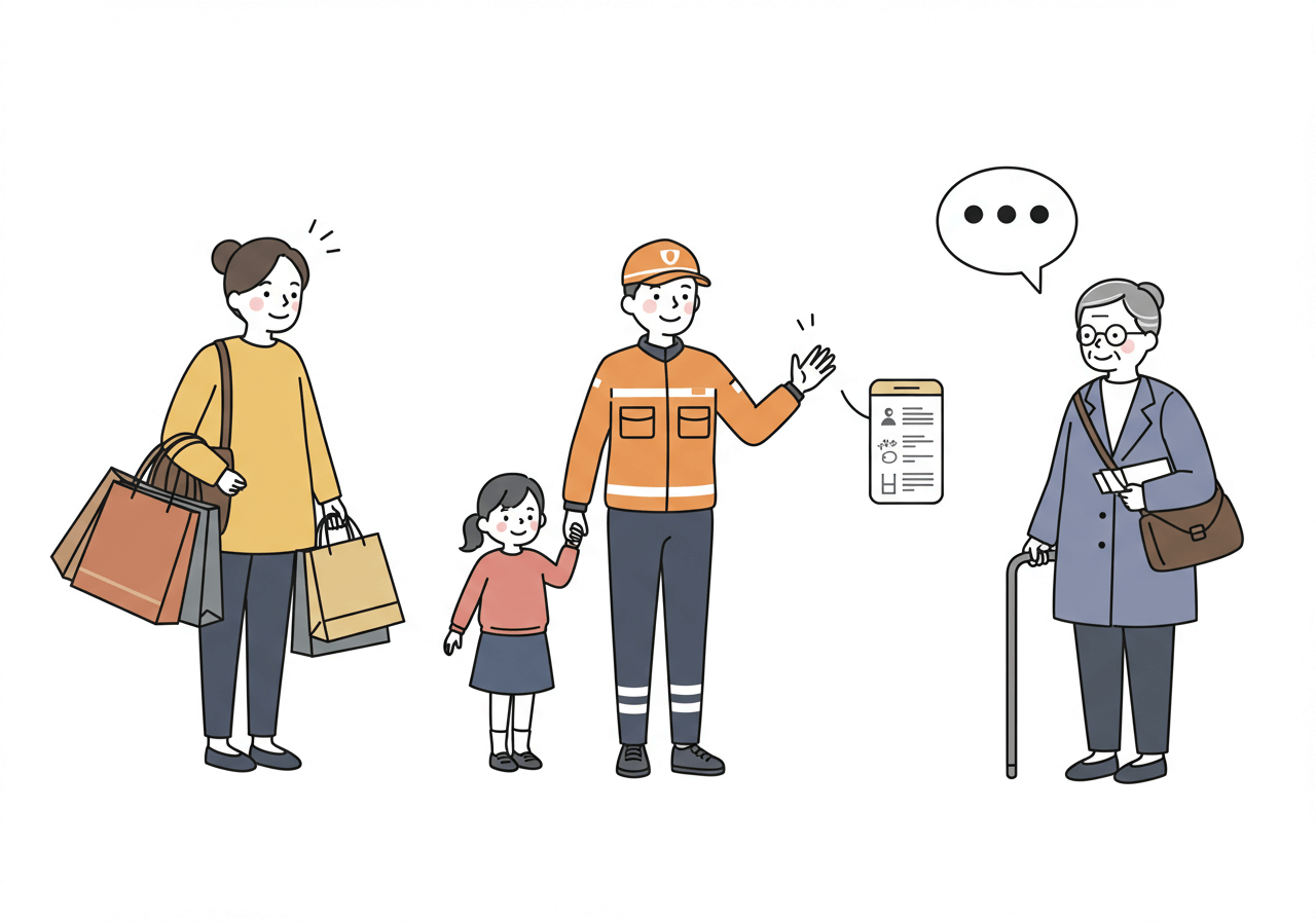 민생&middot;재난&middot;생활지원금의 성격 차이를 상징하는 응급구조요원과 노인 그리고 장을 보는 부인