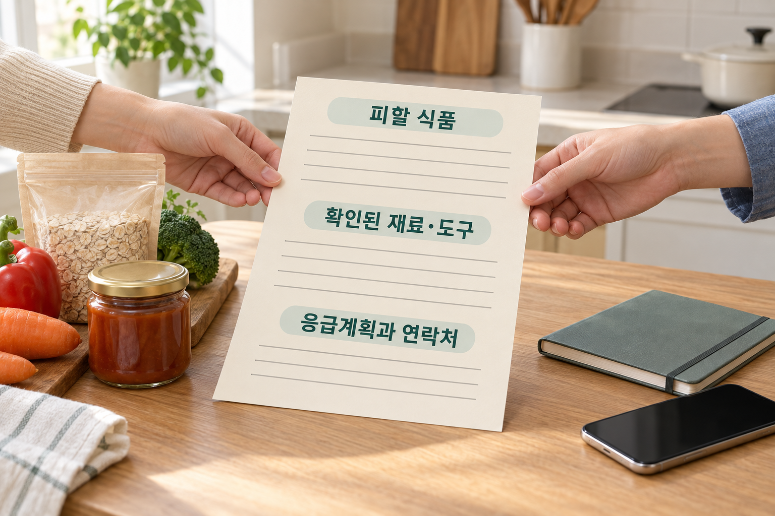 돌봄자에게 사용할 포장 식품과 피할 식품·조리 조건·응급계획 메모를 전달하는 손