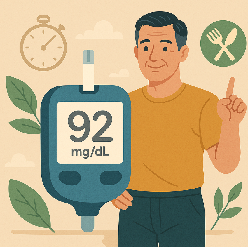 건강한 수준의 혈당 수치와 밝은 표정의 중년 남성 일러스트