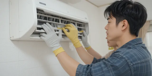 실내 에어컨 청소하는 커플