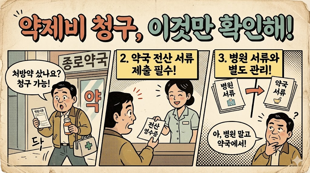 약제비 청구 시 약국 전산 영수증이 필요하고 병원 서류와 별도로 관리해야 하는 상황 설명 이미지
