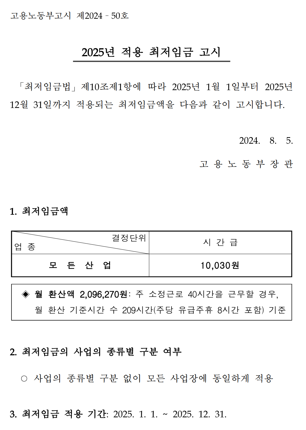 2025년 적용 최저임금 고시