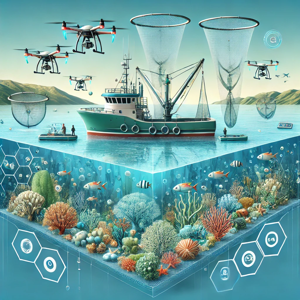 이 이미지는 환경 영향을 최소화하는 친환경 어업 기술을 나타냅니다. 어선에는 선택적 어망, 생분해성 어구, 그리고 수중 드론이 장착되어 있으며, 맑고 깨끗한 바다 속에는 다양한 어류와 산호가 조화롭게 어우러진 건강한 해양 생태계가 보입니다. 푸른 하늘과 바다가 배경을 이루며, 지속 가능한 어업 방식이 해양 환경을 보호하는 데 기여하는 모습을 상징적으로 표현하고 있습니다.