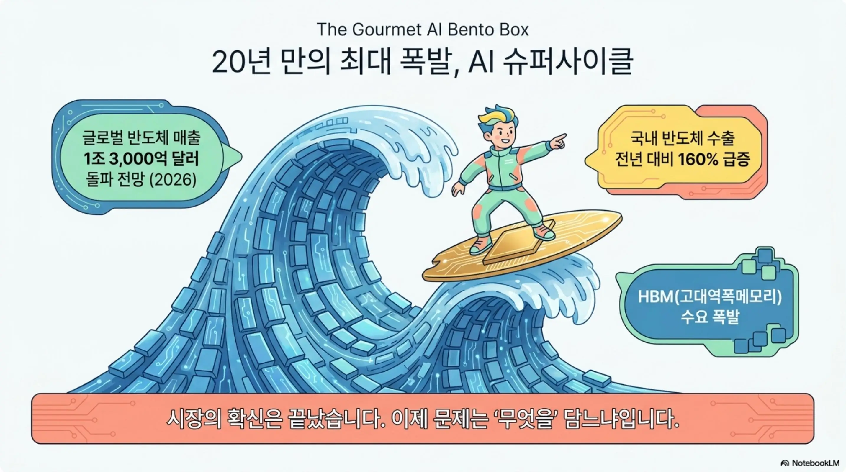AI반도체ETF비교: 글로벌 반도체 매출 1조 3,000억 달러 돌파 전망과 국내 반도체 수출 160% 급증 및 고대역폭메모리 수요 폭발을 서핑 일러스트로 표현한 인포그래픽. 2026년 AI 슈퍼사이클의 핵심 지표를 시각적으로 전달하며 블로그의 AI 반도체 ETF 비교 배경을 설명함