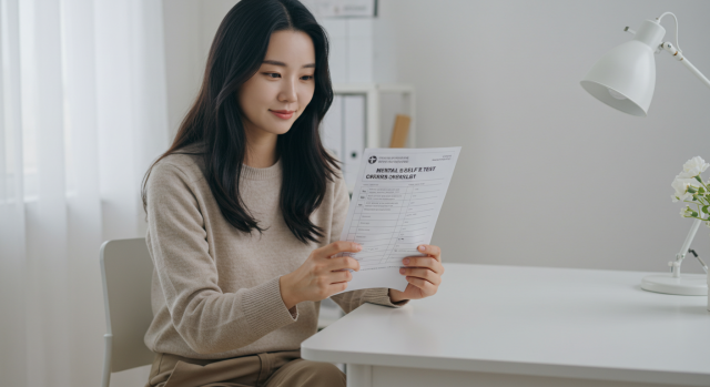 설문지를 보며 우울증 자가진단을 하는 한국인 여성