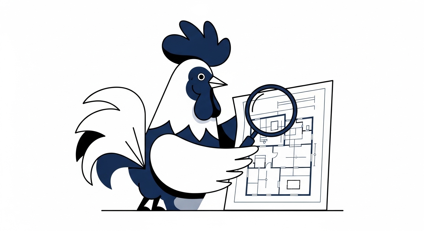 설계도를 돋보기로 꼼꼼하게 살피며 완벽함을 추구하는 분석적인 닭 캐릭터 일러스트