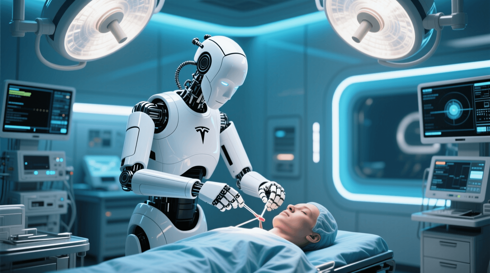 최첨단 의료 장비가 갖춰진 미래 수술실 중앙에 서 있는 흰색 휴머노이드 로봇 의사의 정면 모습.