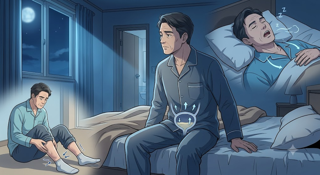 깊은 밤 잠에서 깨어 소변을 보러 가는 야간뇨 상황과 다리 부종, 코골이 단서를 보여주는 침실 일러스트
