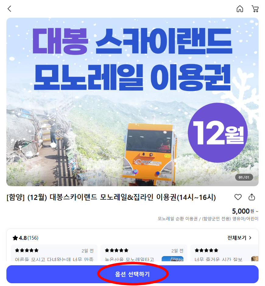 함양 모노레일 옵션 선택하기 화면