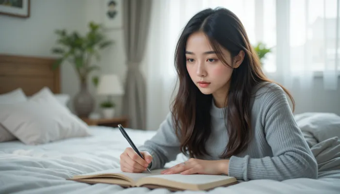 탈모 경험을 다이어리에 기록하는 여성