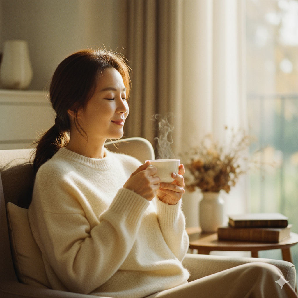햇 볕이 드는 거실 창가의 소파에 앉아 피부에 좋은 차를 마시는 아름답고 지적인 여성의 이미지.
