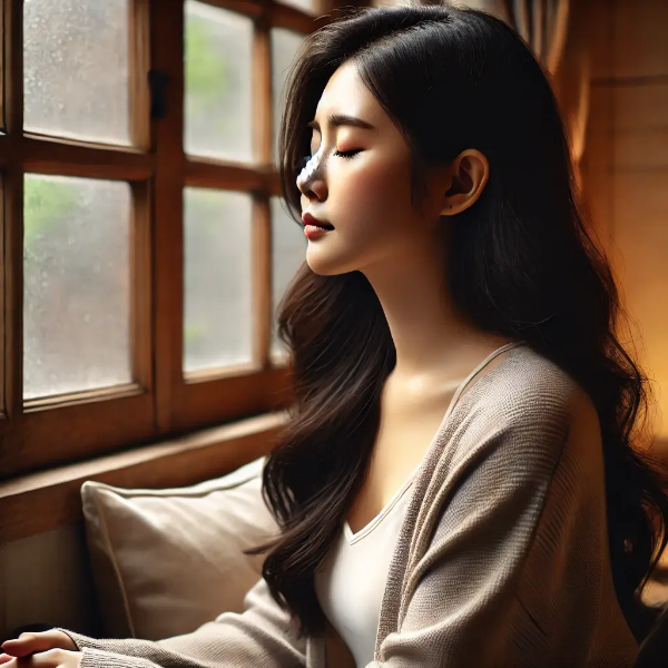 창가에서 깊은 숨을 쉬며 명상하는 동양인 여성의 편안한 장면