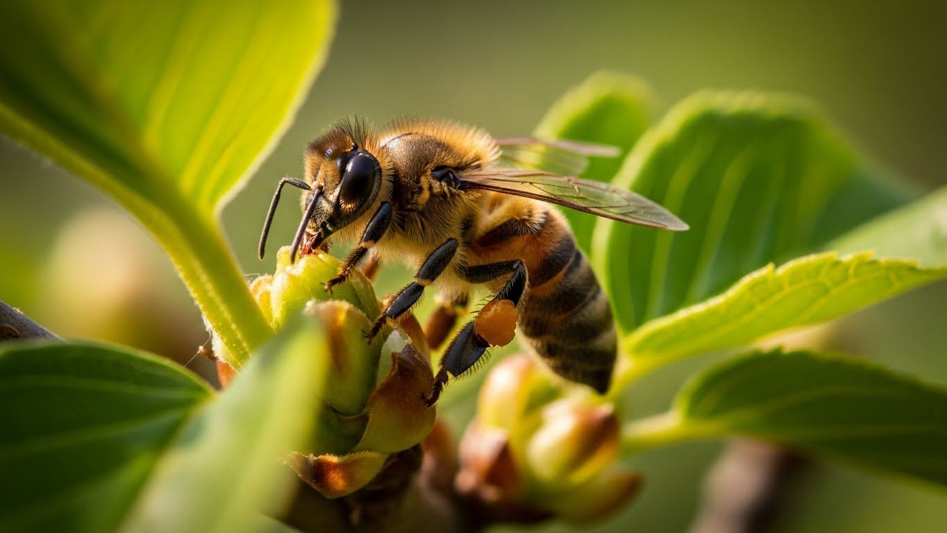 꿀벌이 나무 싹에서 프로폴리스를 수집하는 매우 상세한 클로즈업 사진입니다.