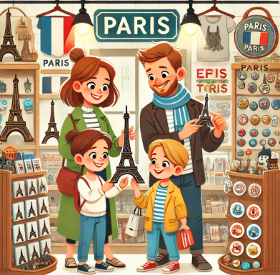파리에서 기념품 쇼핑하는 4인 가족의 모습