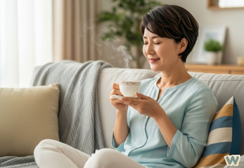 연한 민트색 상의를 입은 중년 여성이 소파에 편안히 앉아 따뜻한 차를 마시며 평온한 표정을 짓고 있는 모습, 아늑한 거실 배경 via canva