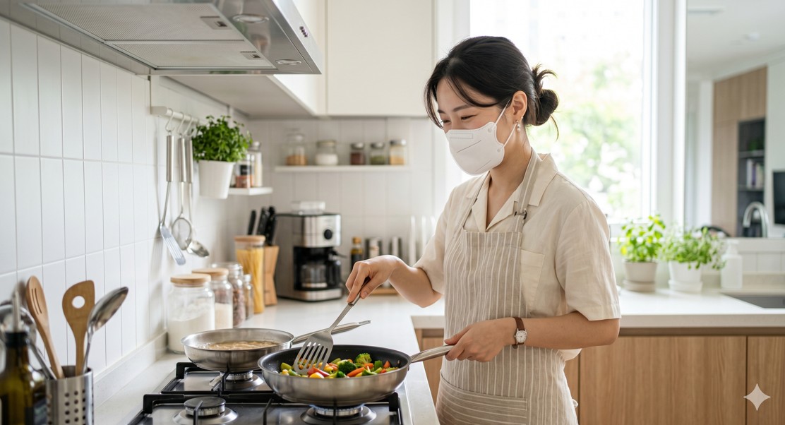 KF94 마스크를 착용하고 프라이팬 앞에서 요리하는 여성의 밝고 깨끗한 이미지