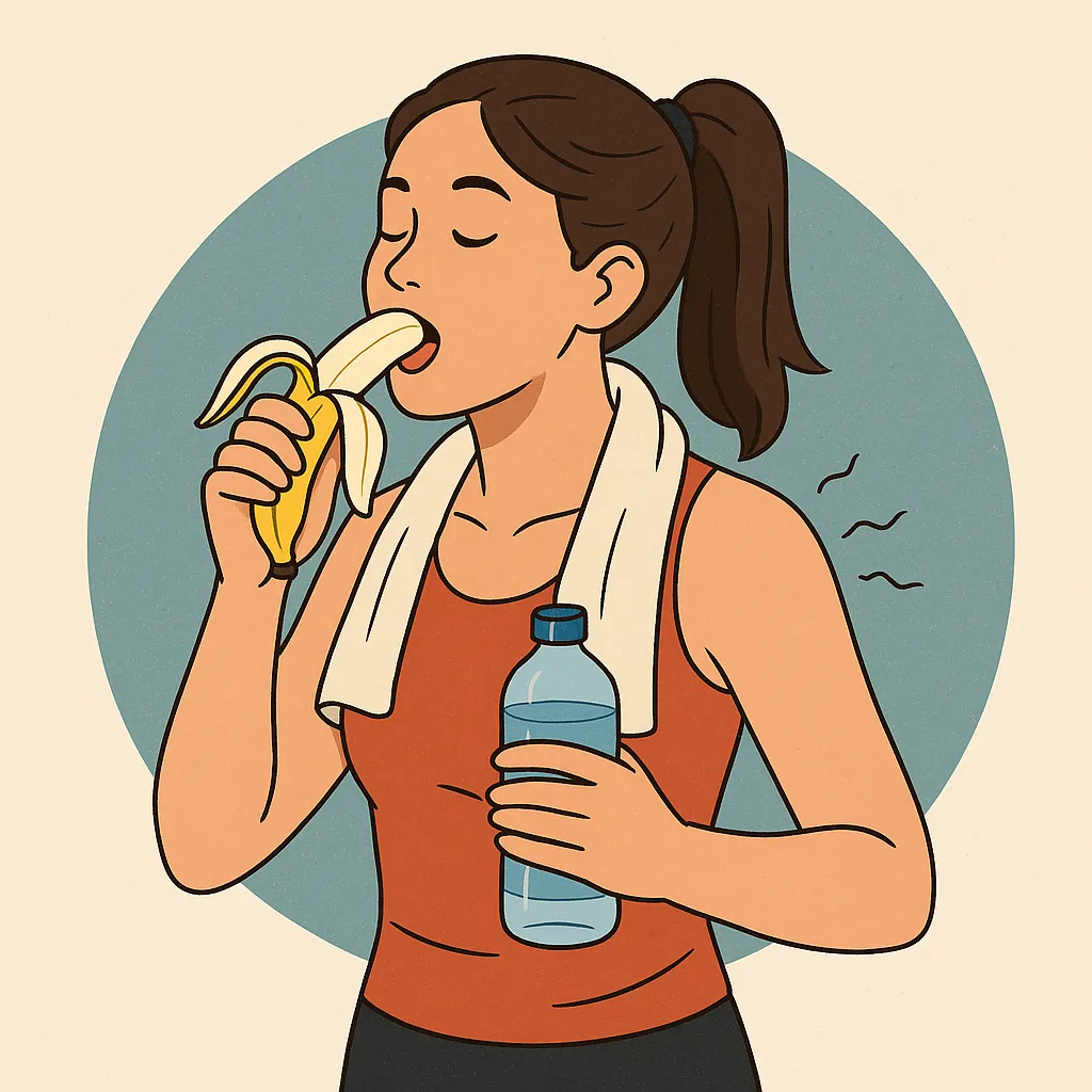 바나나가-운동-후-회복에-좋은-이유를-표현한-일러스트로,-운동을-마친-여성이-바나나를-먹으며-물병을-든-모습이-그려져,-에너지-보충과-근육-회복의-건강한-이미지를-전달함.