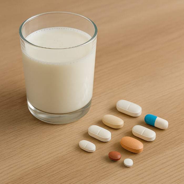 밝은 나무 식탁 위에 투명한 유리잔에 담긴 흰 우유와, 다양한 크기와 색상의 알약들이 포장 없이 직접 놓여 있는 모습. 자연광이 비추어 사실적으로 표현된 장면