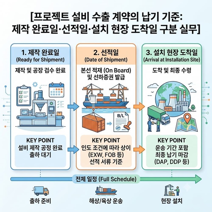 프로젝트 설비 수출 계약의 납기 기준: 제작 완료일&middot;선적일&middot;설치 현장 도착일 구분 실무
