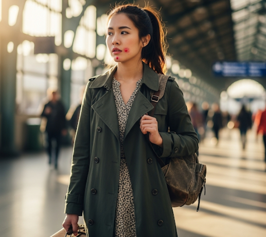 여성 혼자 여행중 뾰루지가 난 모습