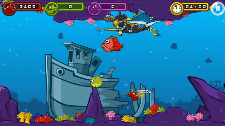 3인용-물고기-게임-플레이-자신보다-몸집이-작은-오징어를-먹는-화면