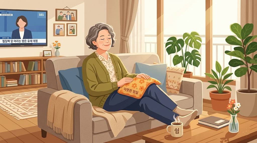 편안한 자세로 무릎에 따뜻한 찜질팩을 올리고 휴식을 취하는 한국인 중년 여성의 모습