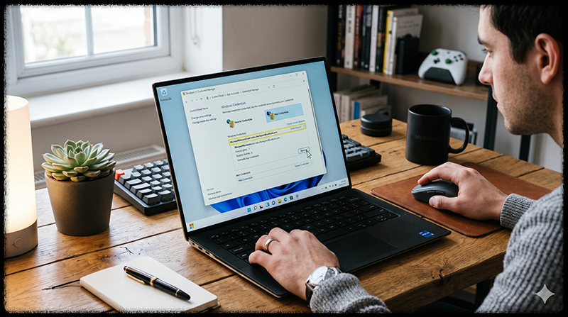 자격 증명 관리자에서 Microsoft 로그인 정보를 삭제하는 모습