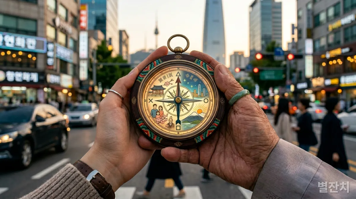 다양한 연령대의 한국인이 '가치'와 '목표'가 표시된 나침반을 들고 인생의 방향을 설정하는 모습