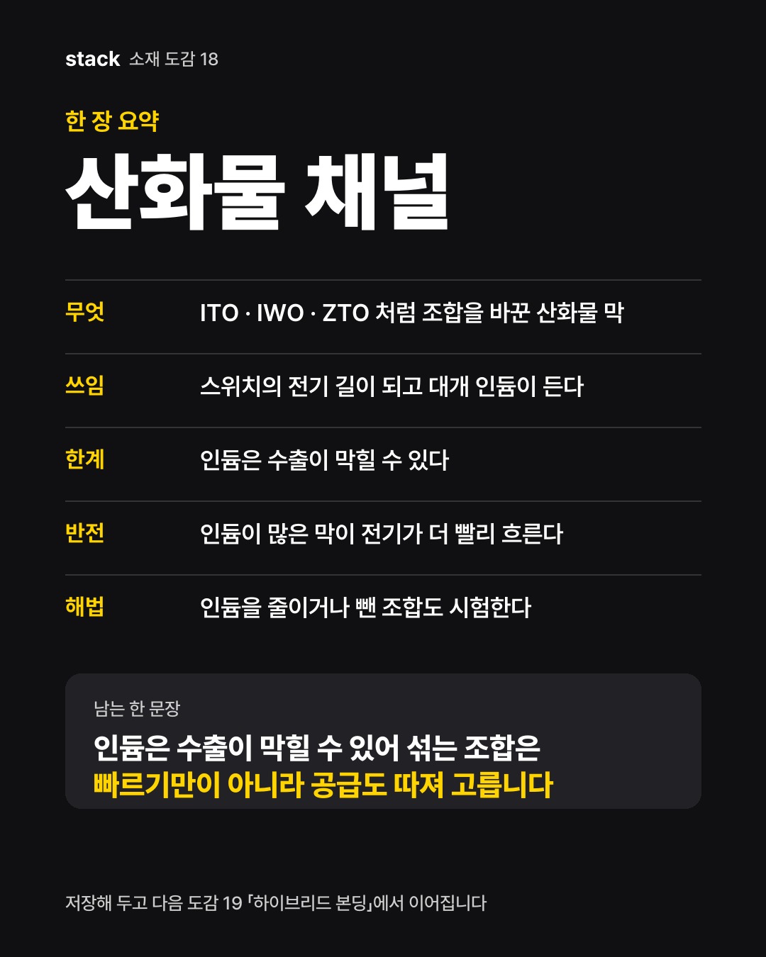 한 장 요약 산화물 채널 — 무엇 — ITO · IWO · ZTO 처럼 조합을 바꾼 산화물 막 · 쓰임 — 스위치의 전기 길이 되고 대개 인듐이 든다 · 한계 — 인듐은 수출이 막힐 수 있다 · 반전 — 인듐이 많은 막이 전기가 더 빨리 흐른다 · 해법 — 인듐을 줄이거나 뺀 조합도 시험한다