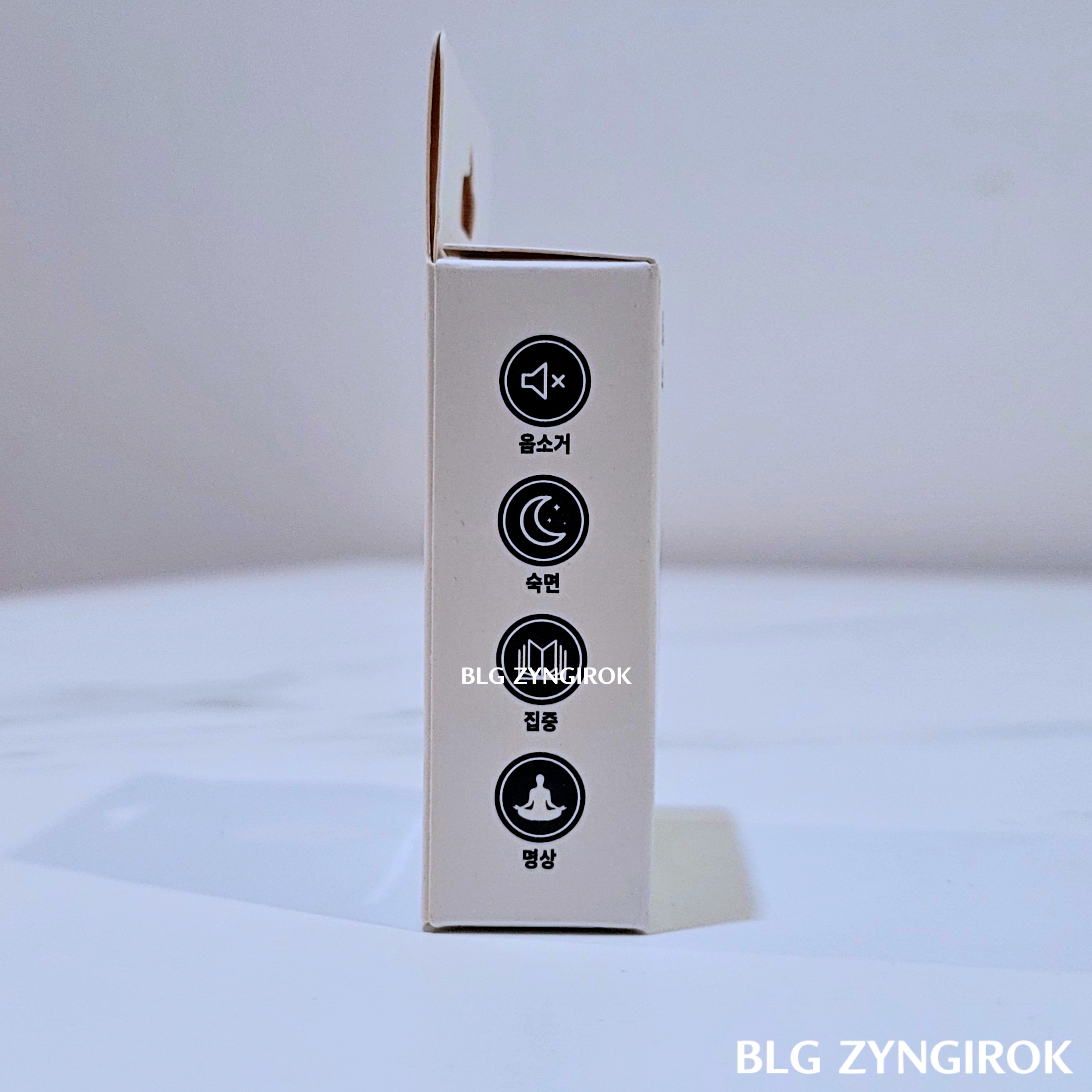BT21 소음방지 귀마개 - 음소거, 숙면, 집중, 명상 아이콘이 상자 옆면에 표기되어있다.