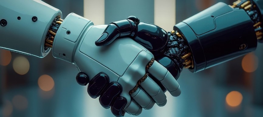 로봇의 손과 다른 로봇의 손이 서로 악수 하고 있는 그림